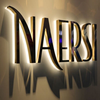 Les affaires Logo Signage Stainless Steel Lighted de miroir d'or stockent les signes avant
