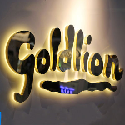 Les affaires Logo Signage Stainless Steel Lighted de miroir d'or stockent les signes avant